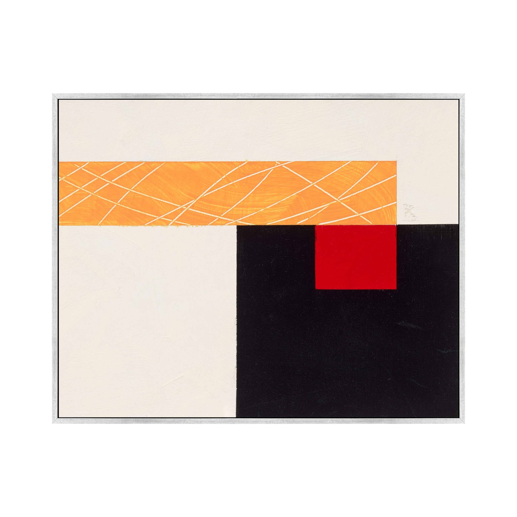 Composition With Yellow 1 by Robert Kamnatnik, Silver Framed Canvas, 26.5" H x 38" W x 1.38" D