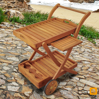 Afrin Eucalyptus Solid Wood Wicker Bar Cart with Stools