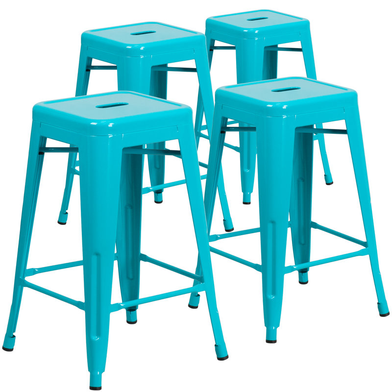 Kai Industrial Style Bar Stool - Set of 4 - Modern Metal Counter or Bar Height, Crystal Blue, Counter Stool (24" Seat Height)