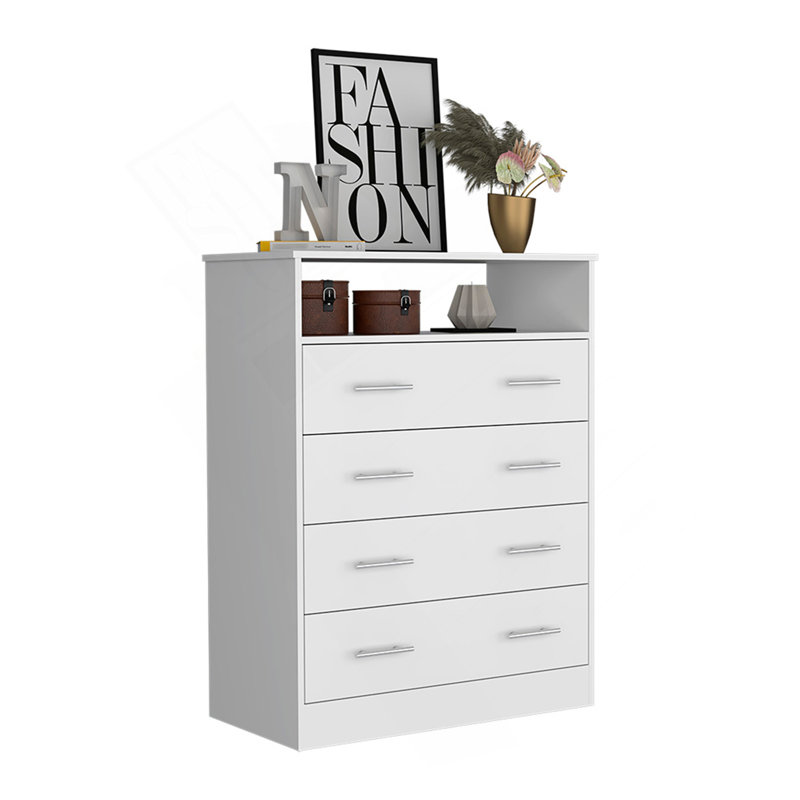 Commode à quatre tiroirs, plateau supérieur, une tablette ouverte, blanc, Blanc