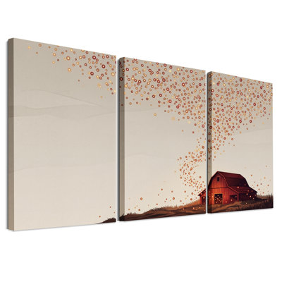 Ensemble de 3 toiles murales représentant une grange rouge ornée de cercles orange lumineux à flanc de colline