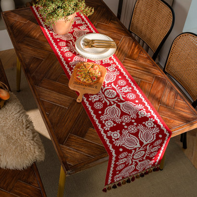 Cotton Linen Farmhouse Table Runner With Tassels