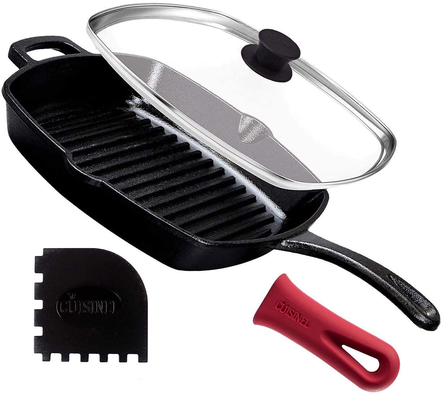 Cuisinel Cast Iron Skillet Set - 10 + 12-Inch Frying Pan + Glass