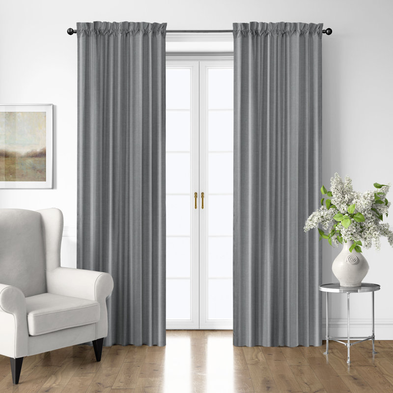 Shay Broad Ticking Stripe Gray Cotton Rod Pocket Drapery Panel Set of 2, 50" W  x 180" L