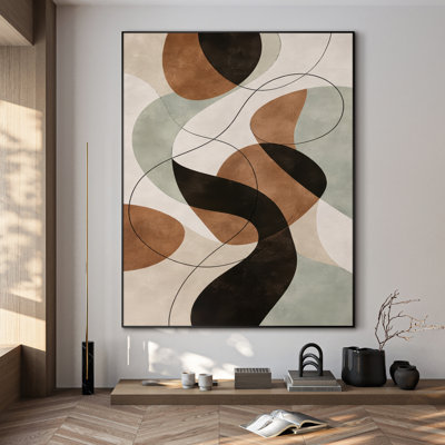Extra Large Wall Art Fabric Print - Earth Tone Geometric Shapes with Linear Accents Contemporary Wall Decor for Living Room - "Frame Assembly Required (Unfinished Frame)"