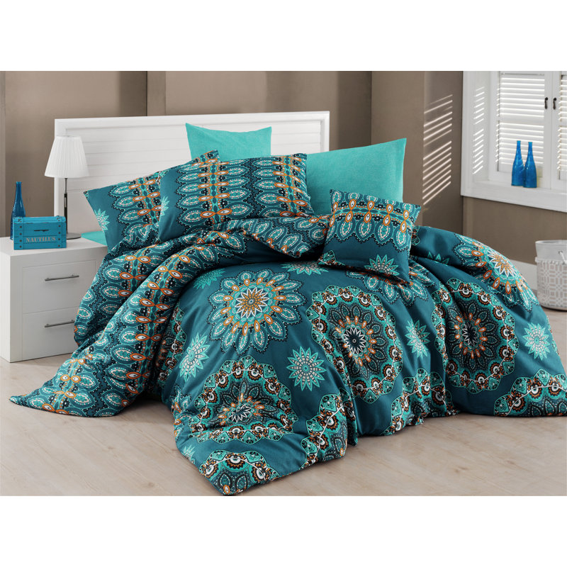 Ensemble de housse de couette 100% coton 3 pièces Carine, Housse de couette double + 2 taies d'oreiller stan, Turquoise