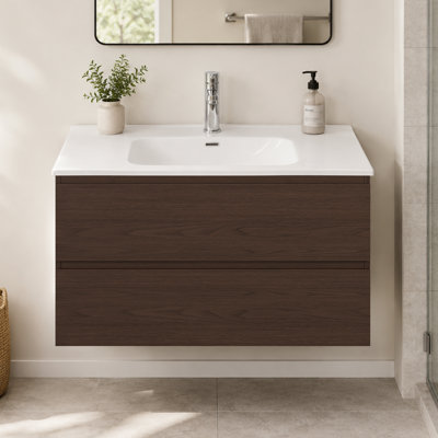 Sylvan 36" Single Wall-Mounted Floating Bathroom Vanity with Ceramic Sink,Dark Walnut,Hardwood Plywood