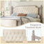 Très grand lit plateforme tapissier très grand style campagne française taupe avec tête de lit capitonnée à boutons