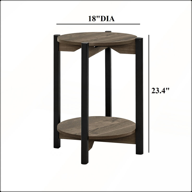 Table d'appoint ronde de style transitionnel avec pattes en métal et tablette inférieure ouverte, fini gris foncé pour salons modernes