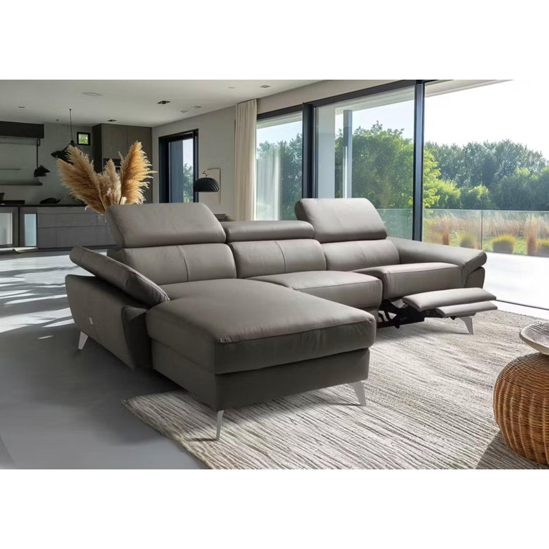 Milton Keynes Italian Leather Electric Reclining Corner Sofa with Adjustable Headrests and Adjustable Armrests, Dark Grey