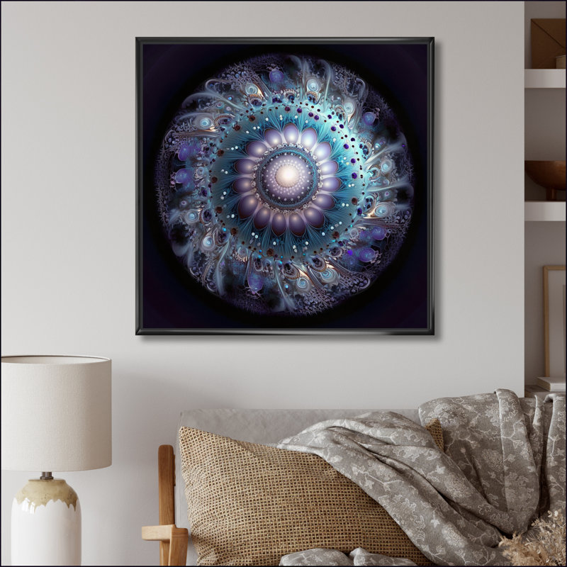 Mandala céleste en mauve et bleu mystérieux - impressions d'art mandala boho, H 30 po x l 30 po, Cadre flottant noir