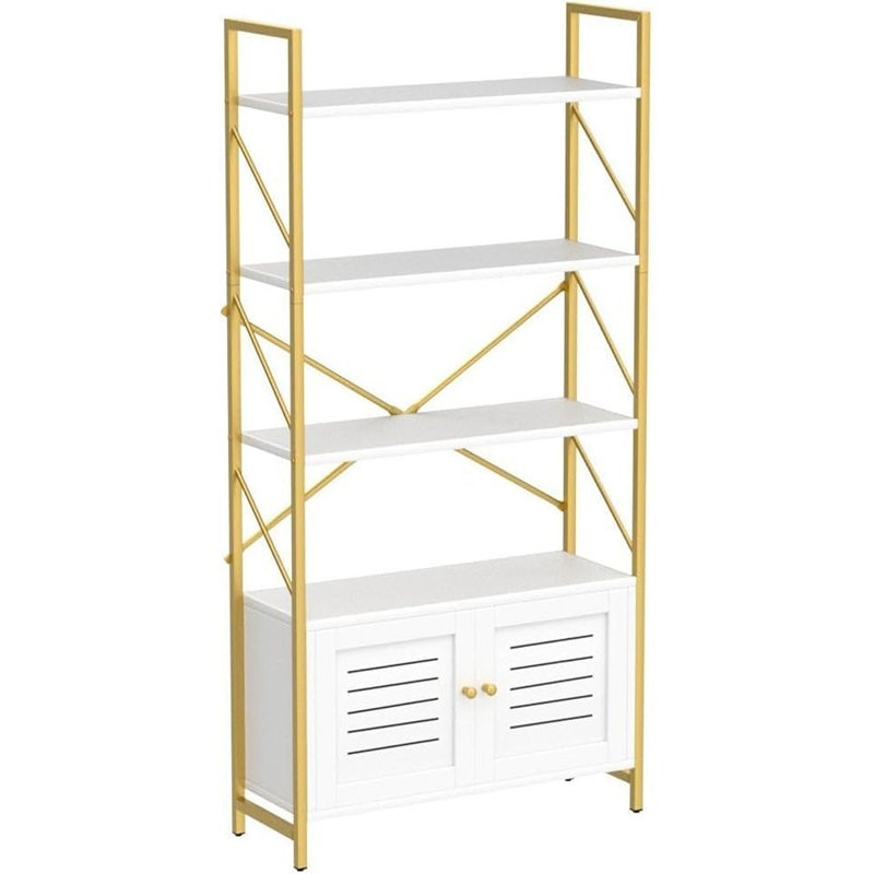 Bibliothèque moderne à 5 niveaux avec armoire de rangement - Blanc et or | Bibliothèque sur pied avec portes | Présentoirs pour la chambre à coucher, le salon et le bureau