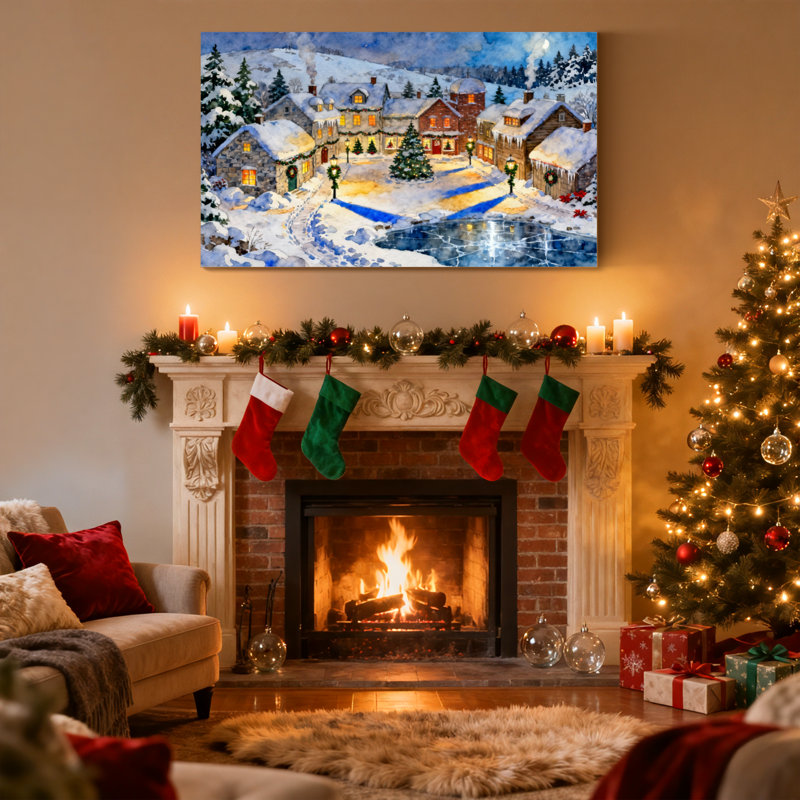 Ensemble de 3 impressions sur toile, arbre de Noël, maisons enneigées, village d'hiver, H 20 po x l 30 po