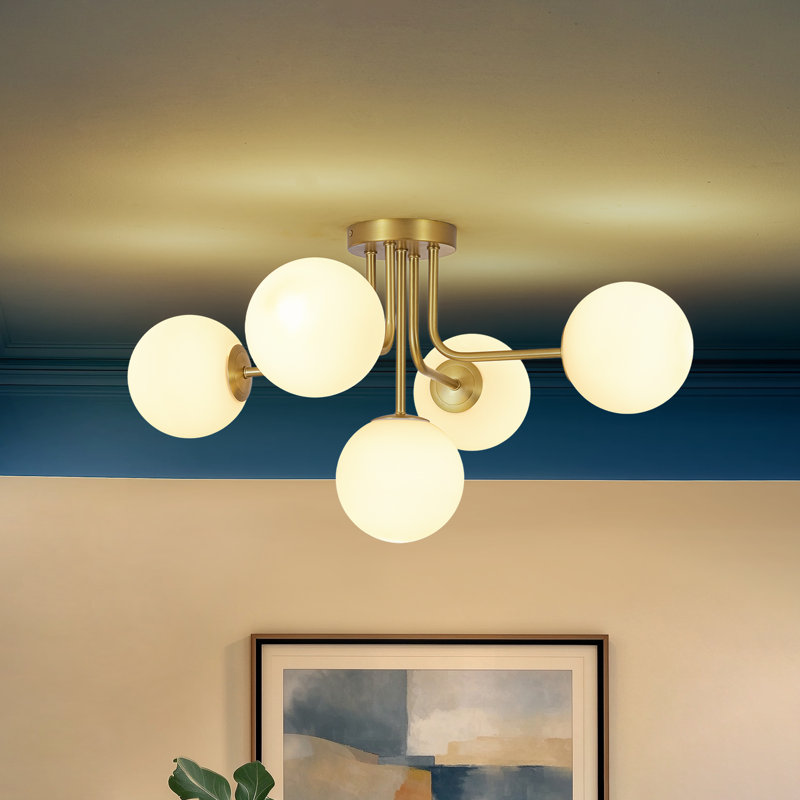 5-light Symmetrical Frosted Glass Semi-flush Mount, Brass