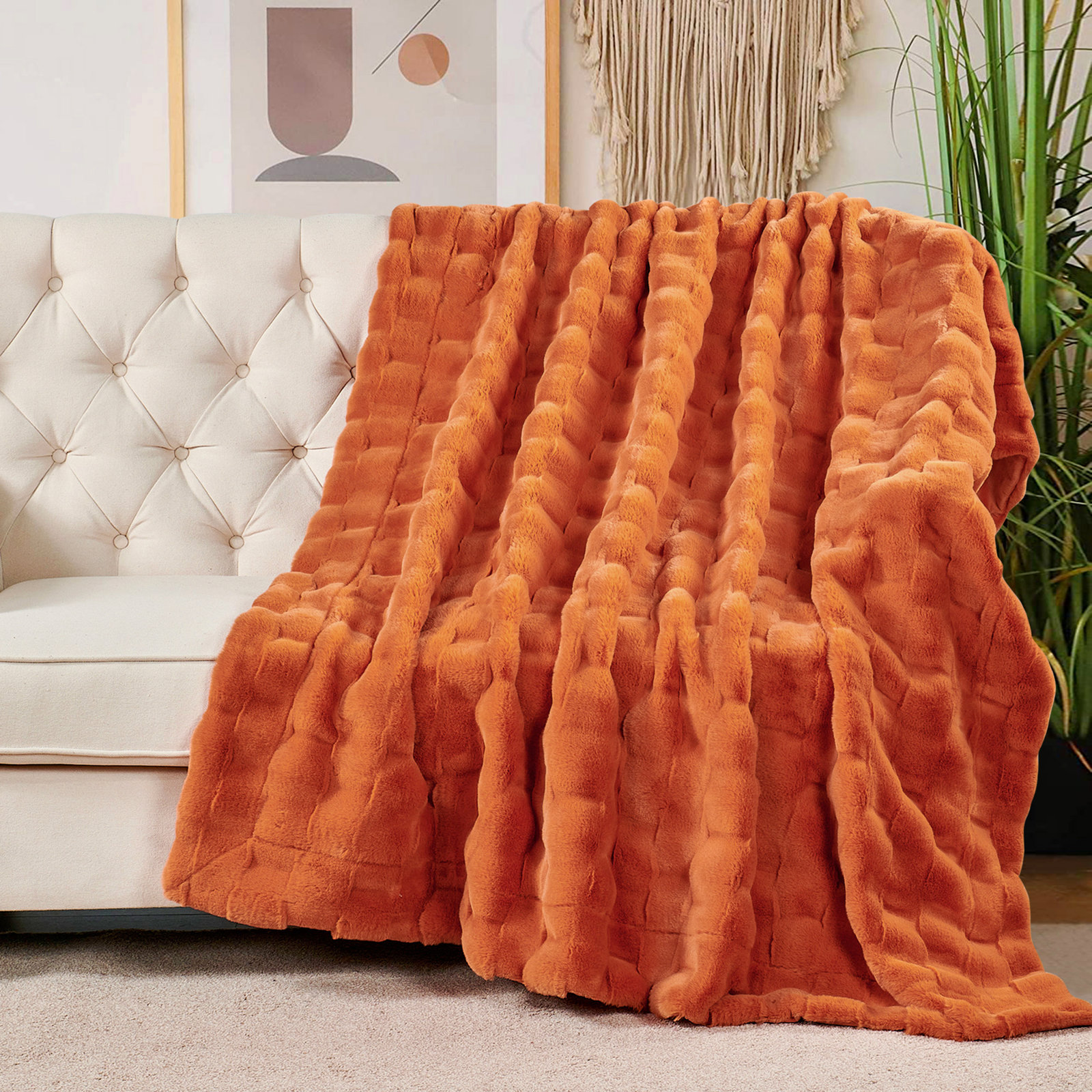Biscoe Faux Fur Knitted Throw Blanket, Burnt Orange, 50"W x 70"L