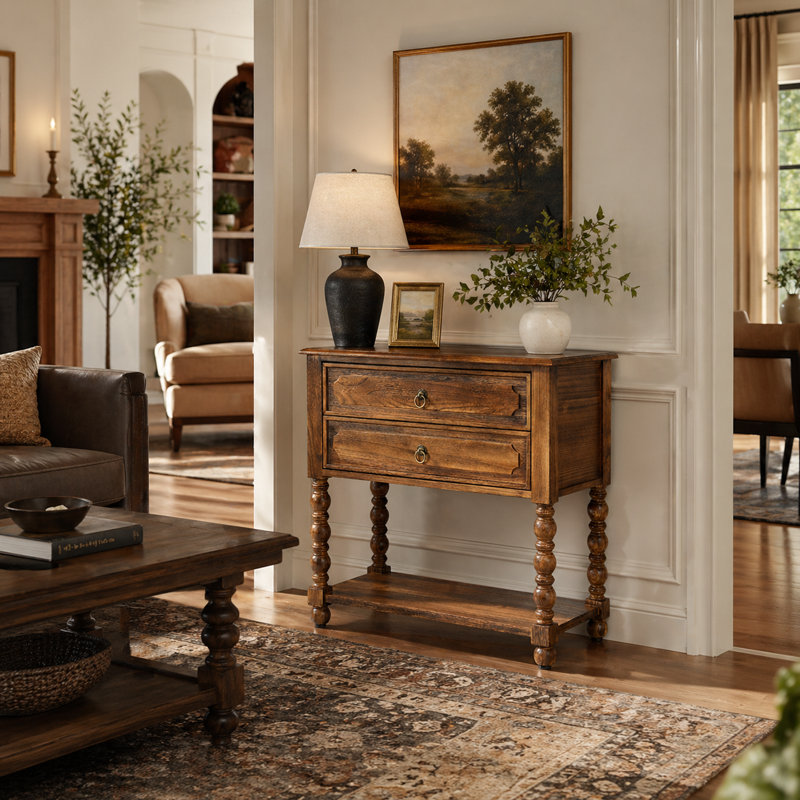 Jeremie Traditional 30"Tall Solid Wood 2-Drawer End Table with Built-in Charging Outlets, Walnut