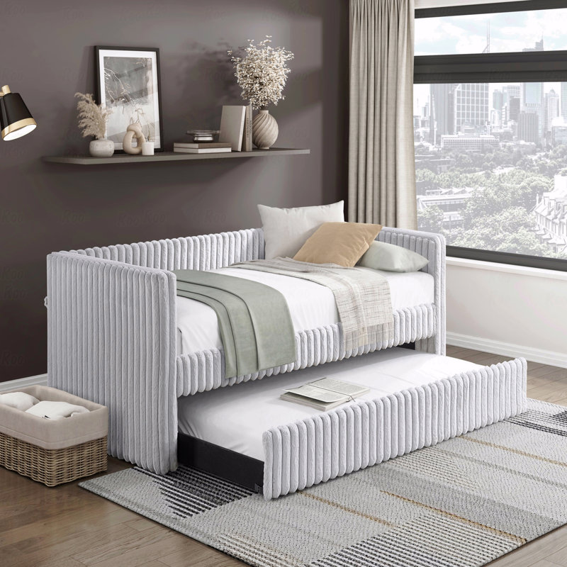 1Pc Trundle Daybed Gray Corduroy Fabric Upholstery Modern Luxury Home Furniture Durable Comfortable, Gray