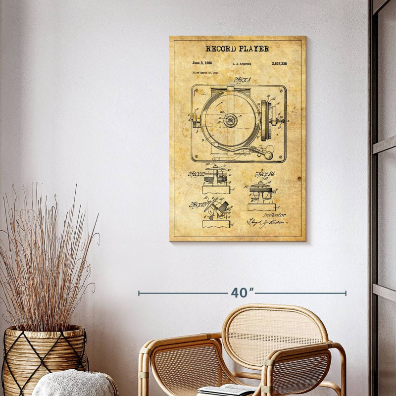 Disque tourne-disque brevet sur toile, H 39 po x l 26 po x P 1,25 po