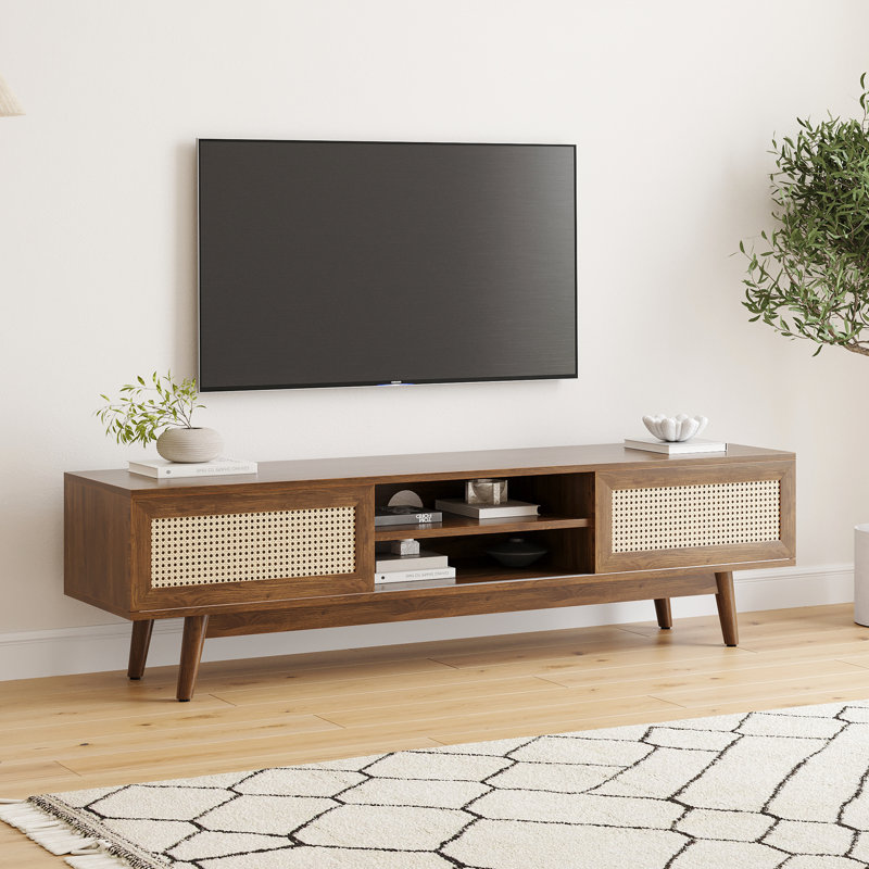 Mid Century Modern Tv Stand With Sliding Doors, Light Walnut, 60"