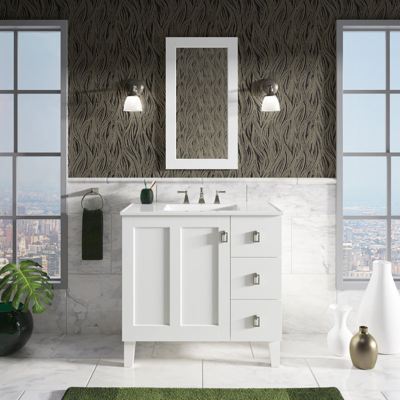 Poplin® 36 In. Vanity with Furniture Legs, 1 Door and 3 Drawers on Right, Linen White