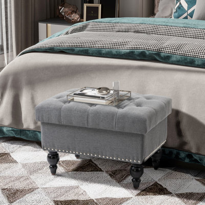 Rangement en lin gris 25 po avec boutons et couvercle amovible, banc de salon pour repose-pieds, pieds cloutés en bois