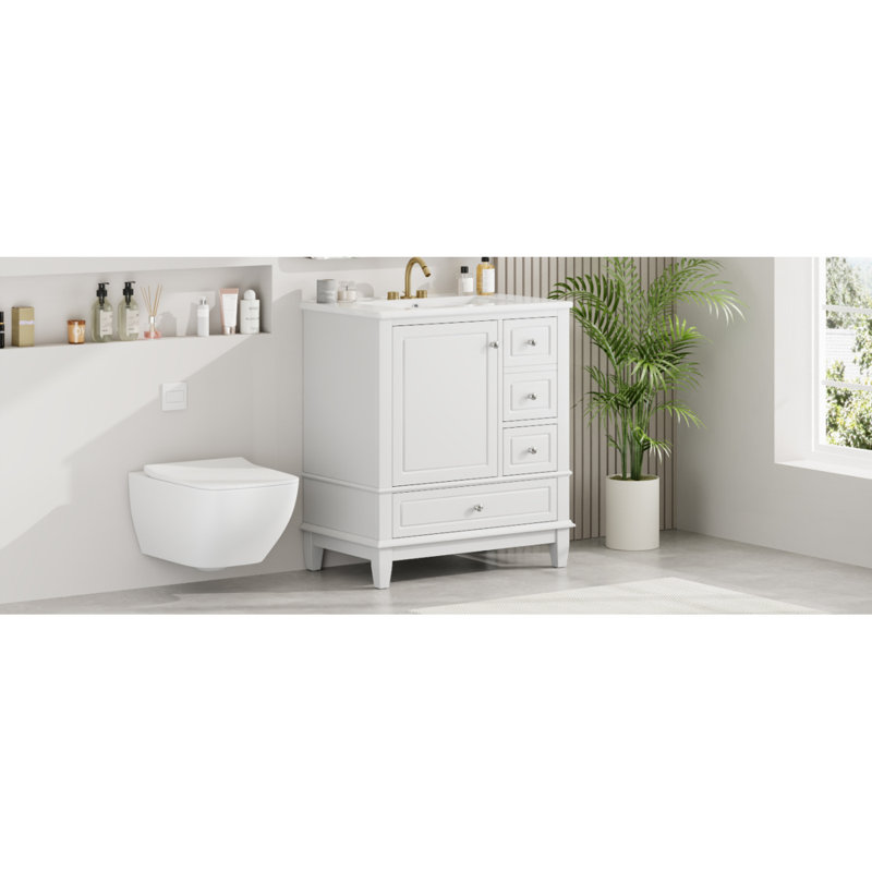 Meuble-lavabo de salle de bain avec lavabo / une porte avec tablette et trois tiroirs / porte / meuble-lavabo de salle de bain