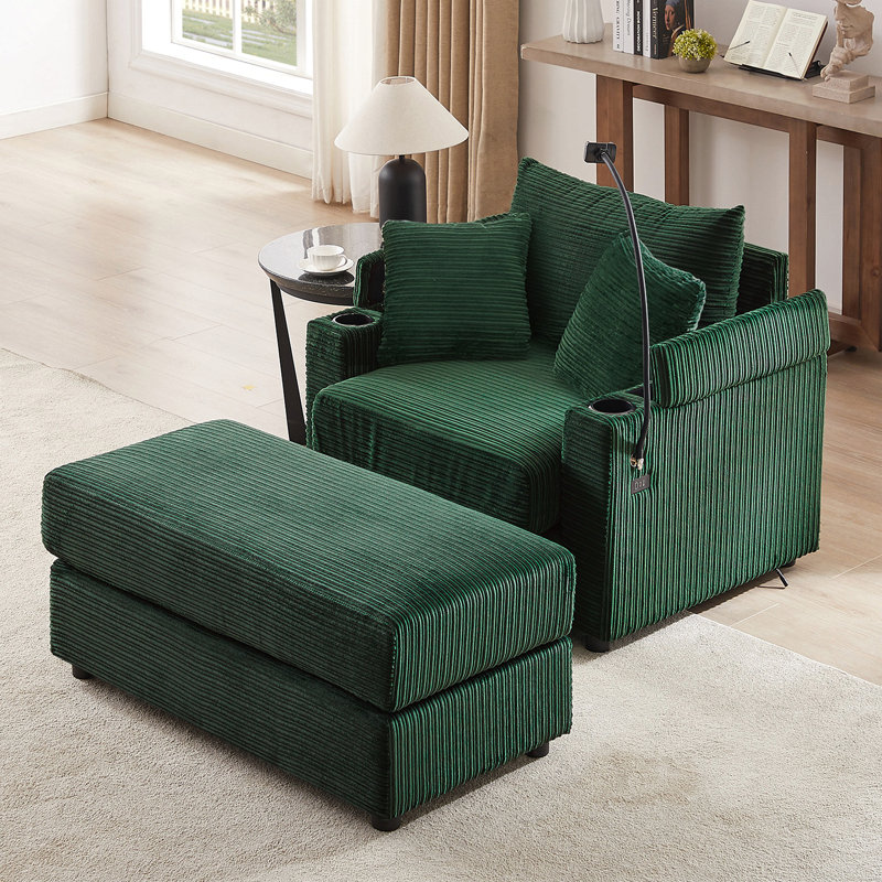 Canapé simple de 41,7 po de style moderne avec espace de rangement, repose-pieds mobile, deux ports USB, deux porte-gobelets et un support pour téléphone dans le salon