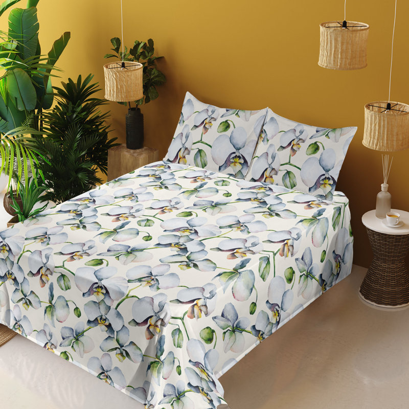 Ambesonne Floral Design Sheet Set Orchid Pattern Boho Reseda Green Soft Blue, Full Sheet Set uith 2 Pillowcases