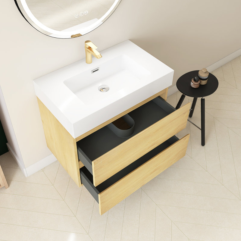 Louka 29.9 " W Wall Mounted 1 Single Vanity Bathroom Vanity With Quartz Top, White, Oak