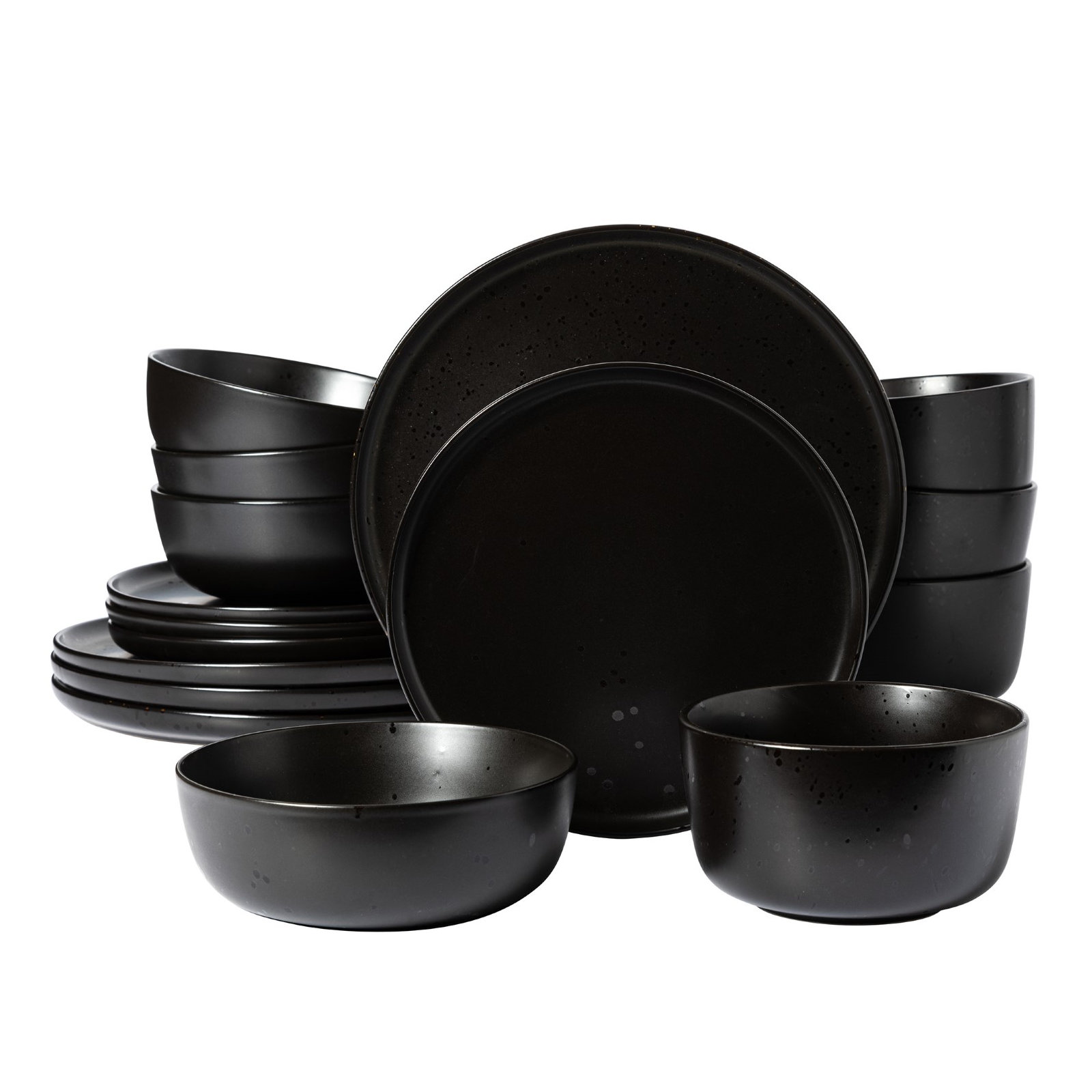 Gibson Elite James Street 16 Piece Stoneware Matte Reactive Double Bowl Dinnerware Set, Pepper Black