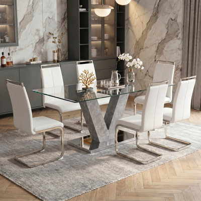 Modern Glam 7-Piece Dining Table Set with Rectangular Tempered Glass and Cantilever Chairs