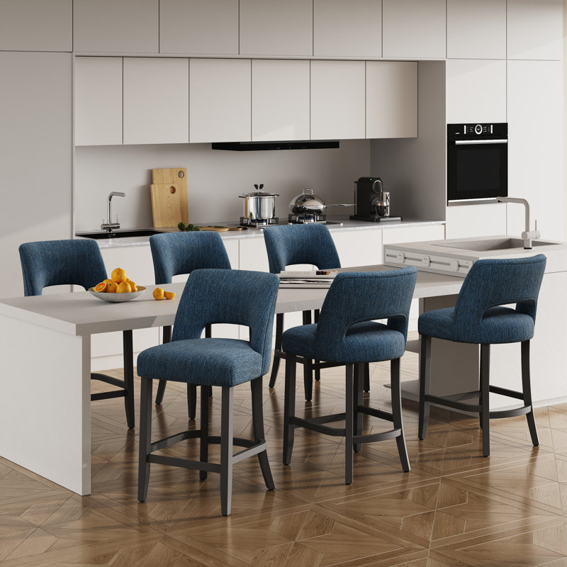 Bisto Upholstered Modern Counter Height Bar Stool with Solid Wood Legs (Set of 6), 6, Blue