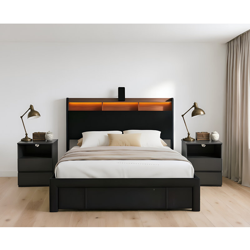 Ensemble de chambre à coucher 3 pièces, comprenant 1 cadre de lit avec tiroirs de rangement et tête de lit rembourrée, et 2 tables de chevet avec station de recharge.