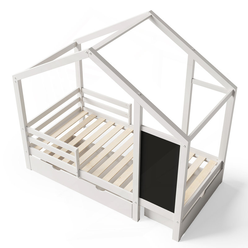 Lit simple avec tableau noir et tiroirs, deux options d'assemblage, blanc, Lit simple