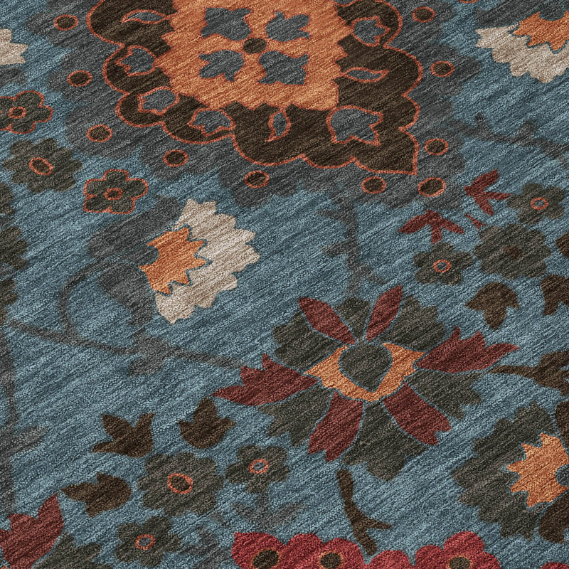 Denim Blue and Red Synthetic Washable Rectangular Rug