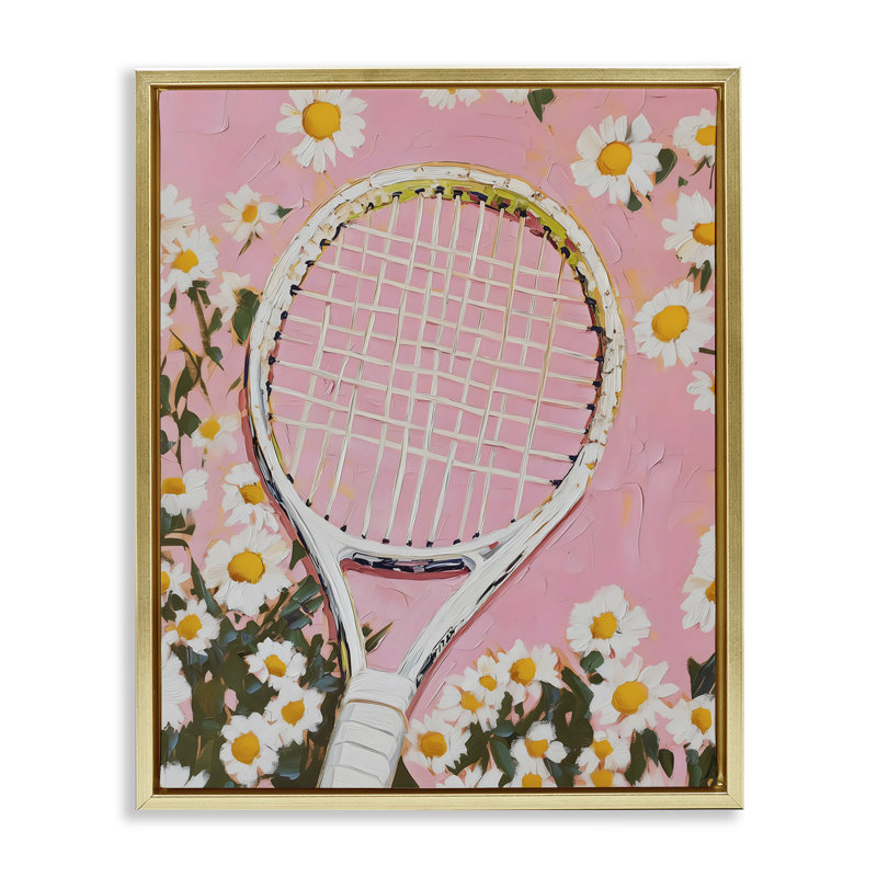 Pink Tennis Racket & Daisies Floating Frame, design by LSR Design Studio, Metallic Gold Floater Framed, 21" H x 17" W