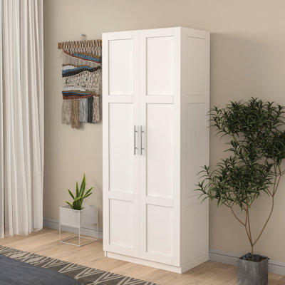 2-Door White Wardrobe With 3 Partitions, 4 Storage Spaces, Created Quality Materials, And Easy To Clean Conveniently Kitchen Cabinet 2 Doors, Strong Structure