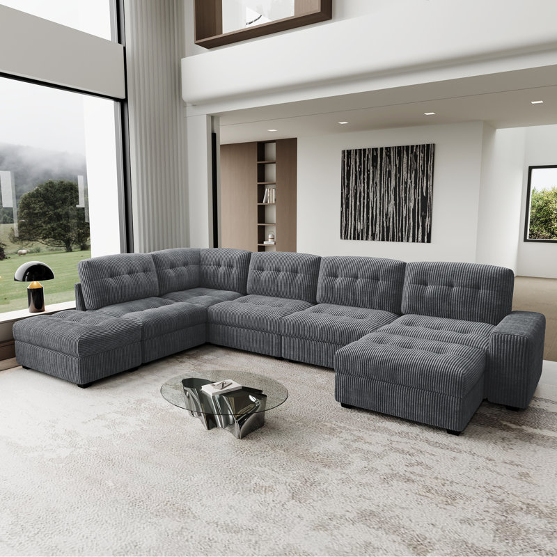 Canapé modulaire en U Corduroy, Velours côtelé gris