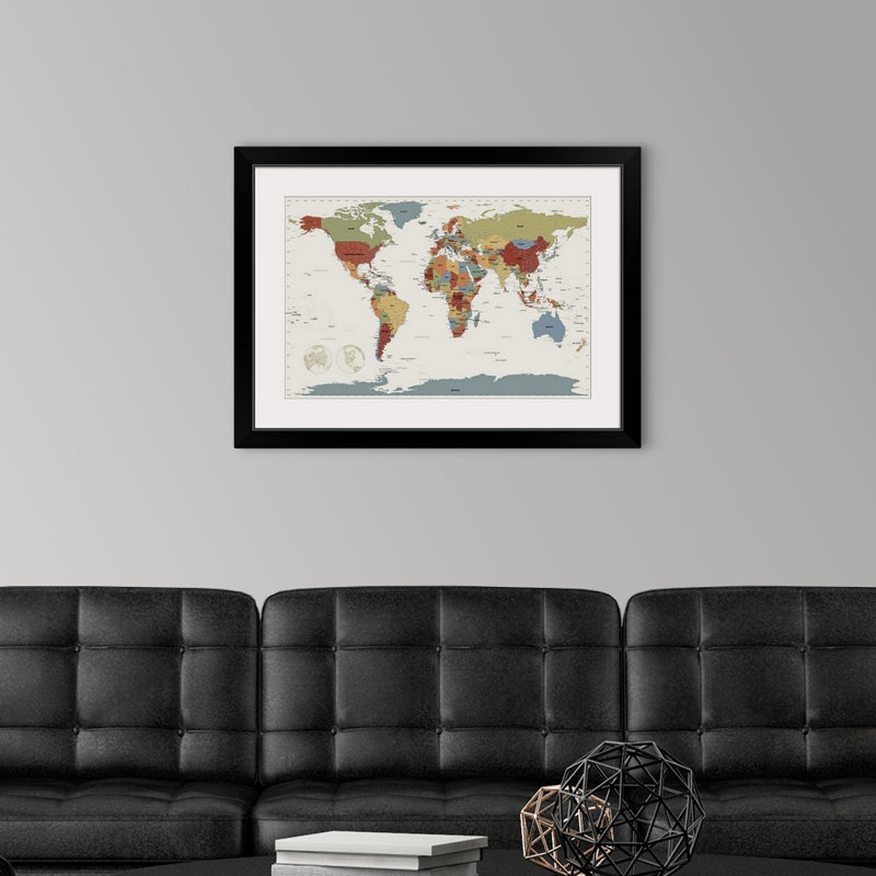 «World Map», impression par Michael Tompsett, H 24 po x l 32 po x P 1 po, Cadre noir