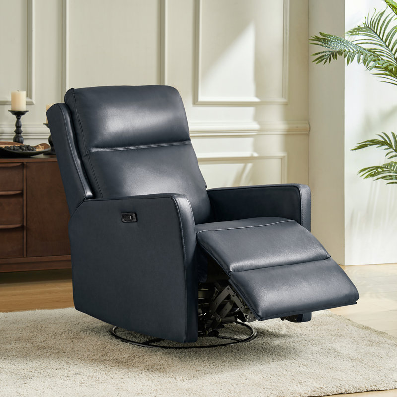 Nurbanu 29.5"W Transitional Genuine Leather Swivel Rocker Power Recliner with USB Ports, Navy
