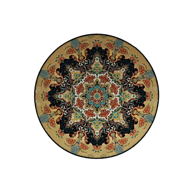 Antique Woven Base Modern Decorative Carpet With Yellow Details, Round 4'