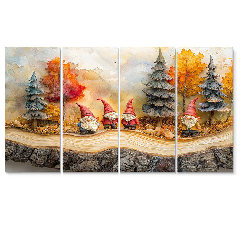 «Autumn Gnomes Family Into The Woods III» - Art mural gnome - Art mural moderne sur toile, H 28 po x l 48 po, 4