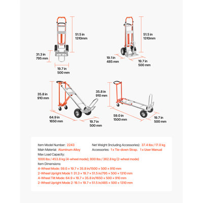 Diable 4 en 1, capacité de charge de 454 kg en mode 4 roues, diable convertible avec poignée et roues antidérapantes, chariot portatif en alliage d'aluminium pour déménagement (maison, bureau, entrepôt).