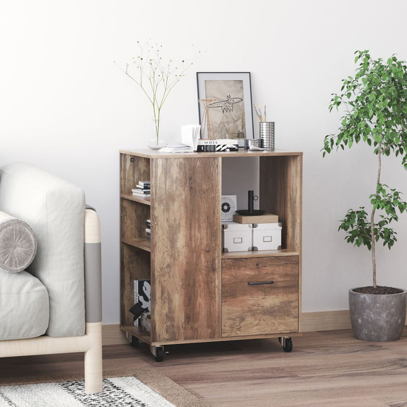 Mobile File & Storage Cabinet with 3 Drawers and Open Shelf, Rolling Office or Kitchen Sideboard with Wheels