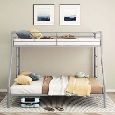 Glossy Silver Twin Over Full Bunk Bed Made Of Metal, Vertical Ladders, Metal Slat Support, Top Guardrails Bed, System, For Bedroom Space
