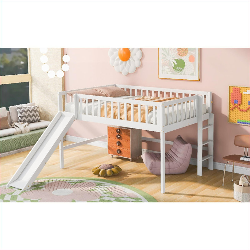 Solid Pine Platform Low Loft Bed Full Size Compact Space-Saving With Ladder And Slide White-Toned