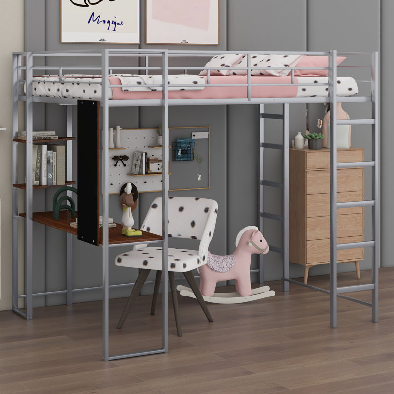 Lit mezzanine en métal avec 2 tablettes et un bureau, Full, Argent