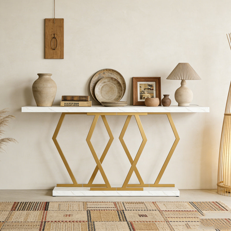 Table console moderne avec plateau en imitation marbre, Or blanc