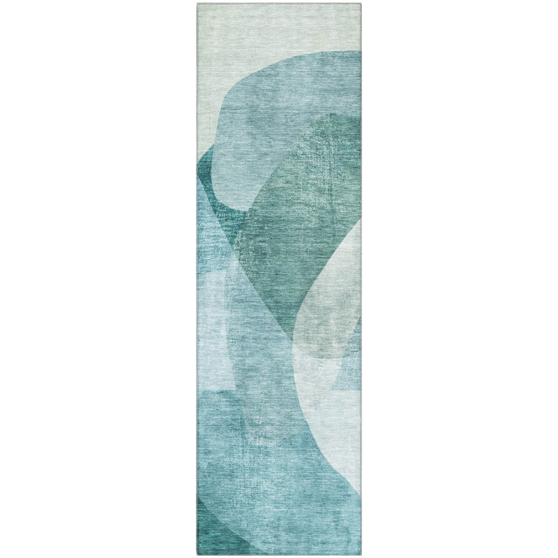 Premium Machine Washable Mayfield AMF2057 Abstract Rug, 2'3" x 7'6" Runner, Teal