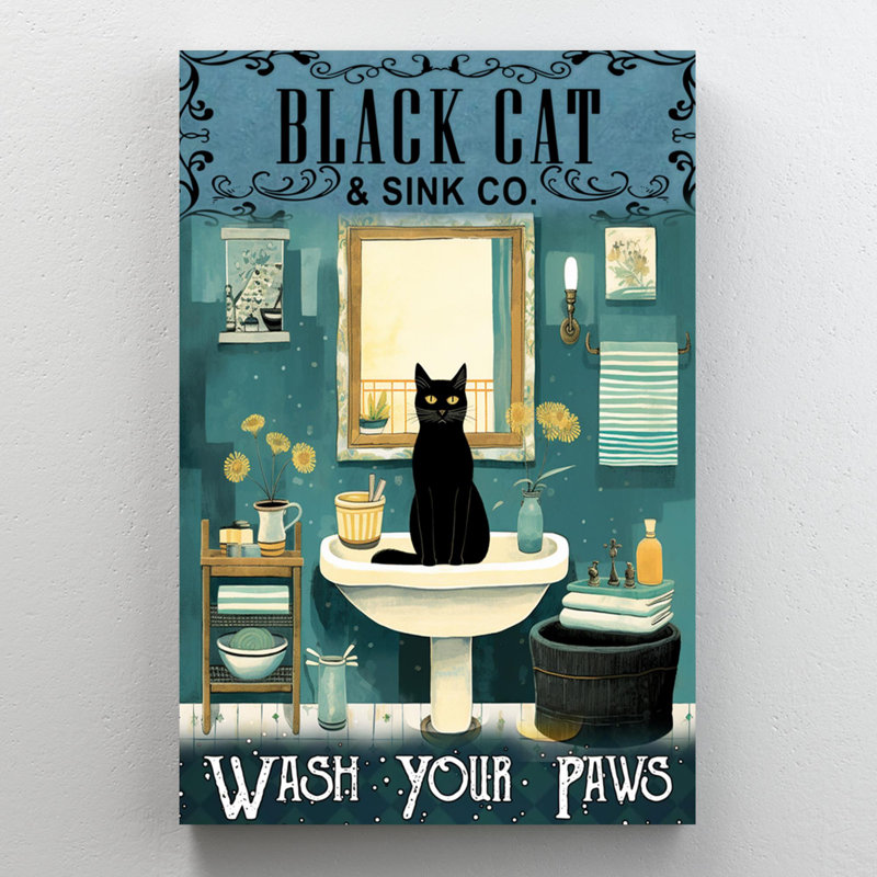 «Black Cat Wash Your Paws», reproduction d'art rectangulaire sur toile tendue 1 à 1 pièce, H 36 po x l 24 po x P 1,25 po